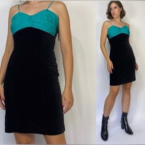 Vintage 1980s TEAL & Black Velvet Party Dress-- XS